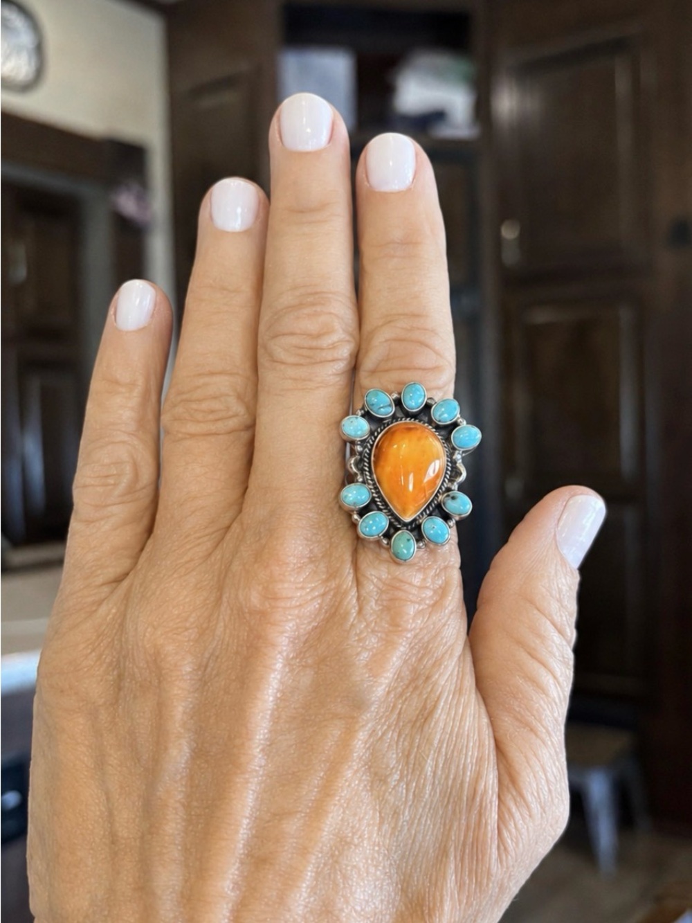 Gorgeous Turquoise Ring With Large Orange Spidy Teardrop Set In Sterling Silver